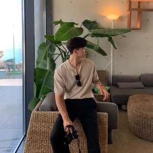 Summer light mature POLO cedar men's Korean version slim lapel solid color casual thin half sleeve trend knit top T-shirt – Image 4