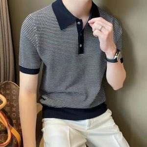 Summer Men's Ice Silk Short Sleeve Knitted Sweater, POLO Shirt, Lapel Striped T-Shirt, Foreign Trade Cross-border Wholesale, Casual and Versatile – Image 4