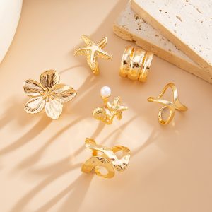 European and American cross-border jewelry resort hemp face irregular opening ring starfish pearl alloy ring set – Image 4