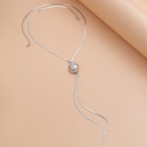 European and American cross-border jewelry, Spice Girl Y-shaped metallic clavicle chain, ins style inlaid pearl flat aluminum chain necklace – Image 6