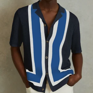 European and American men's 2025 summer striped contrast knit lapel short sleeve cut-out polo shirt Men's Shirts – Image 5