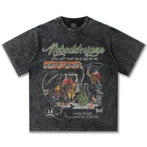 Cross Border Summer Cowgirl American Illustration Washed Distressed Heavy T-Shirt Direct Spray Print Short Sleeve Men – Image 5