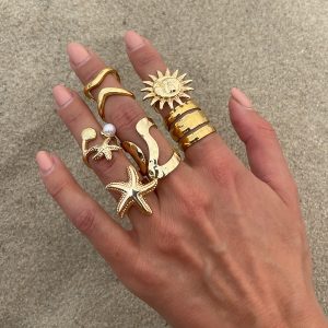 European and American cross-border jewelry resort hemp face irregular opening ring starfish pearl alloy ring set – Image 6