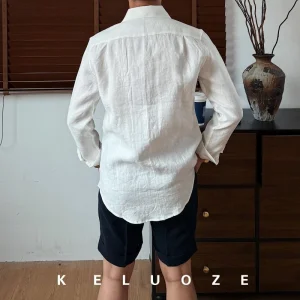 italian old money style linen breathable one piece collar shirt gentleman vintage yuppie haute couture summer light shirt – Image 6