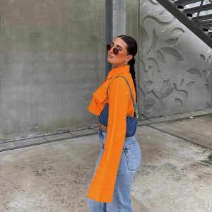 European and American autumn new shirt fashion solid color pocket short design sense fashion casual ins top for women – Image 4