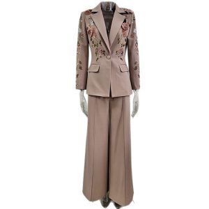 2025 new European and American fashion nail bead three-dimensional flower jacket wide-leg trouser set two-piece set – Image 4