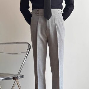 Parisian button high-waisted trousers men's spring/summer business straight leg gentleman slacks Naples no-iron drape suit pants – Image 3