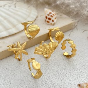 European and American cross-border vacation starfish metal opening ring ins style 6-piece set star scallop joint ring rings women – Image 6