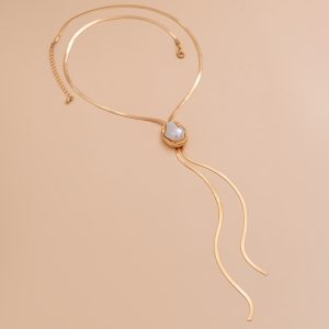 European and American cross-border jewelry, Spice Girl Y-shaped metallic clavicle chain, ins style inlaid pearl flat aluminum chain necklace – Image 5
