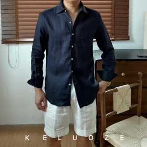 Italian Old Money Retro Linen Long Sleeve Shirt Men's Advanced 32 Pure Linen Refreshing Casual Solid Color Shirt – Image 3