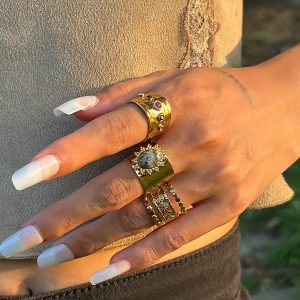 European and American cross-border jewelry fashion sense joint combination ring women's hip hop metal lava gemstone rings set – Image 3
