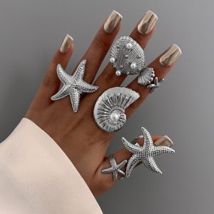 European and American cross-border vacation starfish metal opening ring ins style 6-piece set star scallop joint ring rings women – Image 9