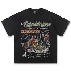 Cross Border Summer Cowgirl American Illustration Washed Distressed Heavy T-Shirt Direct Spray Print Short Sleeve Men – Image 3