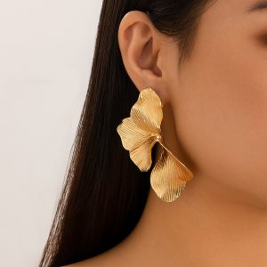 European and American cross-border jewelry, ins, personality, double-layered five-petal flower earrings, retro striped leaf tassel earrings – Image 3
