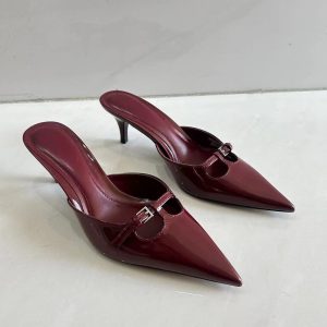 2025 new fashionable and versatile foreign buckle trimmed patent leather kitten heel mules simple stiletto heel pointed toe semi-slippers women – Image 3