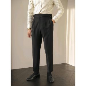 Parisian buttoned suit pants men's light familiar British retro business Naples draped straight casual trousers appear tall – Image 3