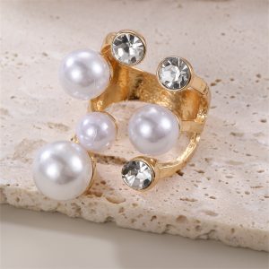 RZ0868 European and American fashion design pearl diamond leaf opening ring ring ring Internet celebrity temperament personality index finger ring – Image 4