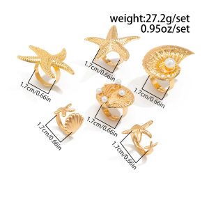 European and American cross-border vacation starfish metal opening ring ins style 6-piece set star scallop joint ring rings women – Image 8