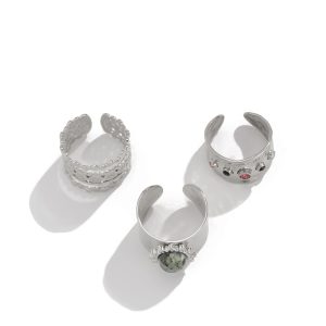 European and American cross-border jewelry fashion sense joint combination ring women's hip hop metal lava gemstone rings set – Image 5