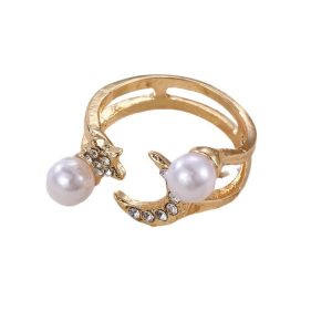 RZ0868 European and American fashion design pearl diamond leaf opening ring ring ring Internet celebrity temperament personality index finger ring – Image 5