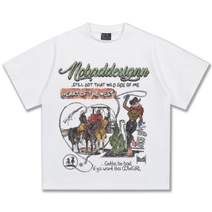 Cross Border Summer Cowgirl American Illustration Washed Distressed Heavy T-Shirt Direct Spray Print Short Sleeve Men – Image 4