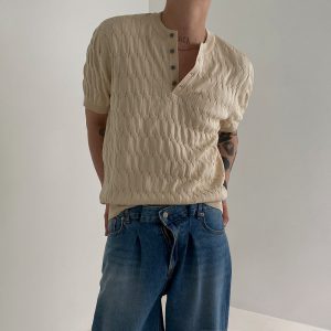 Summer new short-sleeved knitted sweater men's henry collar twist slim business casual trendy T-shirt foreign trade cross-border wholesale – Image 3