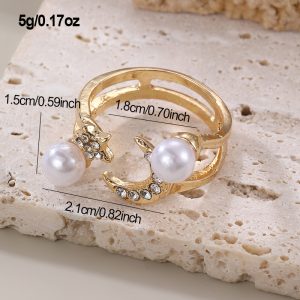 RZ0868 European and American fashion design pearl diamond leaf opening ring ring ring Internet celebrity temperament personality index finger ring – Image 7