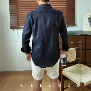 Italian Old Money Retro Linen Long Sleeve Shirt Men's Advanced 32 Pure Linen Refreshing Casual Solid Color Shirt – Image 6