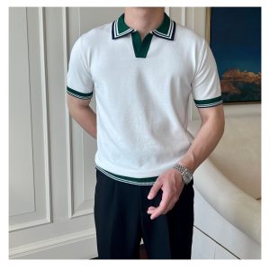 Summer new short-sleeved knitted sweater, men's contrast polo shirt, V-neck, outer collar, business slim T-shirt, foreign trade cross-border wholesale – Image 3