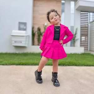 M8049 Amazon ins style foreign trade children's clothing new fashion casual long sleeve short cardigan short skirt set – Image 3