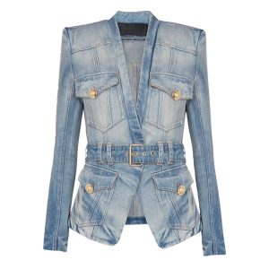 2025 pre-fall new European and American star fashion slim belt washed denim suit jacket jacket – Image 4