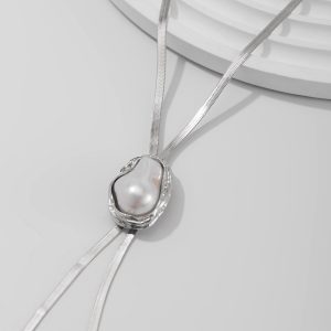 European and American cross-border jewelry, Spice Girl Y-shaped metallic clavicle chain, ins style inlaid pearl flat aluminum chain necklace – Image 8