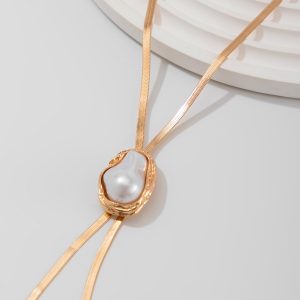 European and American cross-border jewelry, Spice Girl Y-shaped metallic clavicle chain, ins style inlaid pearl flat aluminum chain necklace – Image 7