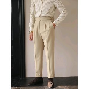 Parisian buttoned suit pants men's light familiar British retro business Naples draped straight casual trousers appear tall – Image 4