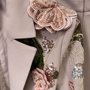 2025 new European and American fashion nail bead three-dimensional flower jacket wide-leg trouser set two-piece set – Image 3