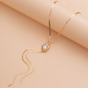 European and American cross-border jewelry, Spice Girl Y-shaped metallic clavicle chain, ins style inlaid pearl flat aluminum chain necklace – Image 3