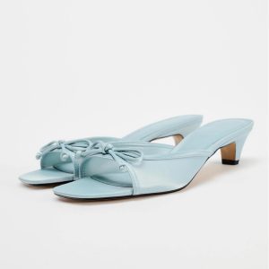 Summer New Arrivals Women's Bow Trim High Heels Square Toe Mules Fashion Temperament One Word Back Empty Sandals – Image 4