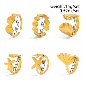European and American cross-border vacation starfish metal opening ring ins style 6-piece set star scallop joint ring rings women – Image 5