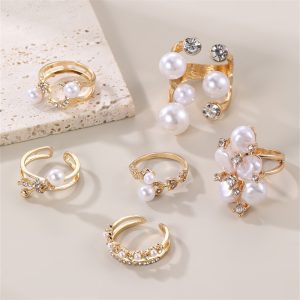 RZ0868 European and American fashion design pearl diamond leaf opening ring ring ring Internet celebrity temperament personality index finger ring – Image 9