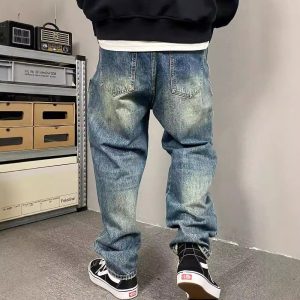 Spring and autumn American casual ruffian handsome washed retro cargo jeans men's straight leg loose high street tapered pants tide – Image 3