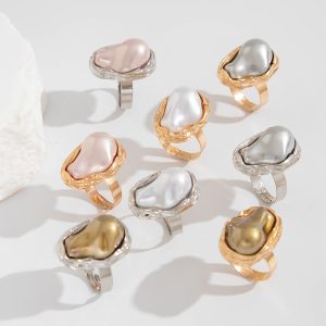 European and American cross-border jewelry Baroque inlaid special-shaped pearl rings Retro irregular alloy rings new – Image 4