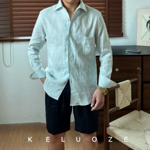 Italian Old Money Retro Linen Long Sleeve Shirt Men's Advanced 32 Pure Linen Refreshing Casual Solid Color Shirt – Image 4