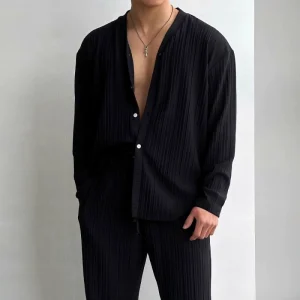 Cross border menswear thin solid color sexy deep v cardigan knitted sweater shirt casual fashion suit two-piece set men – Image 5