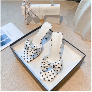 summer new real silk satin bow sandals thin heel sandals half slippers with polka dot high heels for women – Image 5