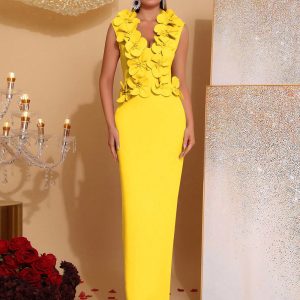 French celebrity temperament slim long skirt V-neck stitching three-dimensional flower high-waisted pink dress women's 2025 new model – Image 4