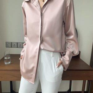 KARFELLY Japanese imported triacetate satin shirt long sleeve heavy double-sided satin top stitching design – Image 4