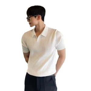 Summer light mature POLO cedar men's Korean version slim lapel solid color casual thin half sleeve trend knit top T-shirt – Image 5