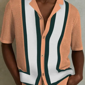 European and American men's 2025 summer striped contrast knit lapel short sleeve cut-out polo shirt Men's Shirts – Image 3