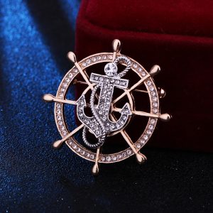 European and American navy style vacation brooch men's full diamond ship rudder anchor pin high-end two-tone corsage jacket accessories – Image 4