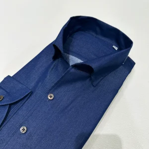 Italian vintage Neapolitan denim blue one-collar slim long-sleeved shirt men's shirt trend – Image 5